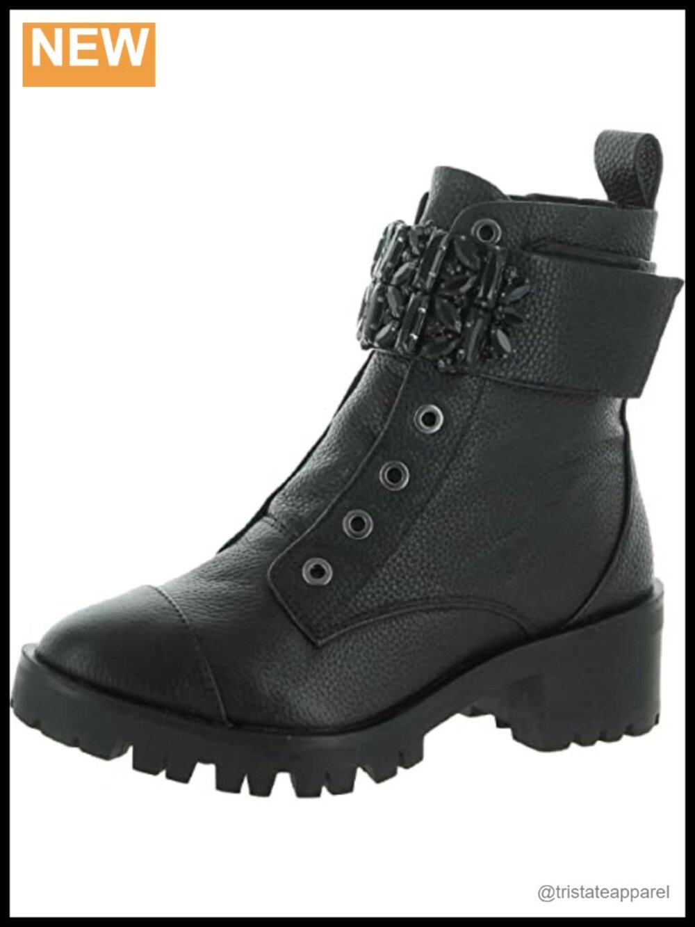 Pippa Lug Sole Combat Boot Rhinestone Embellishments Leather Ankle Boots